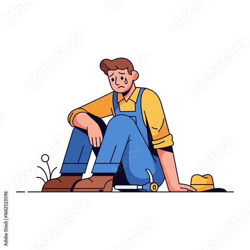 Melancholy in the Field: An illustration depicts a sorrowful worker seated alone, tears tracing paths down his cheeks, with his hat resting beside him.