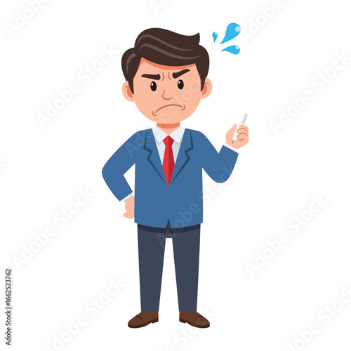 Frustration & Overwhelm: A cartoon man in a blue suit expresses visible anger and the pressure of stress with a serious, tense expression and sweat dripping.