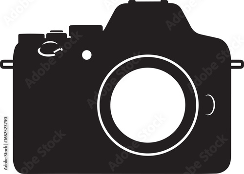 Simple black silhouette icon of a modern DSLR photo camera with a large lens a minimalist graphic design