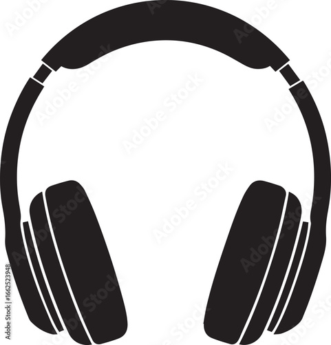 Simple black silhouette icon of modern overear headphones with a padded headband and large earcups