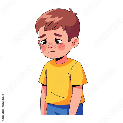 Sad Child Illustration: A child with downturned mouth, downcast eyes, and a sorrowful expression, embodying the depths of childhood sadness, isolated in a pristine, bright setting.
