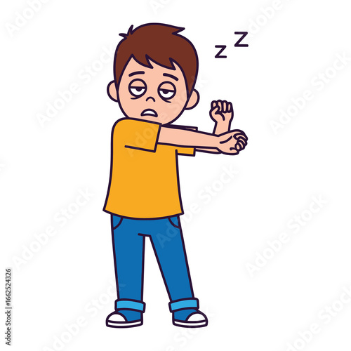 Sleepy Youngster: A young person, bleary-eyed and stretching, the universal sign of sleepiness and fatigue, with a minimalist illustration style and bold colors, capturing the essence of drowsiness.