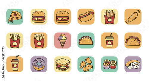 A colorful collection of cartoon-style fast food and drink icons with black outlines, including pizza, burgers, tacos, and sushi.
