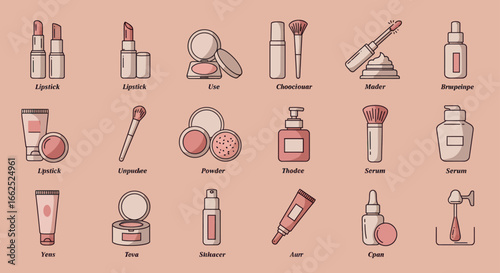 A diverse collection of cosmetic and skincare product icons in a flat, line art style with a pink and beige color palette.