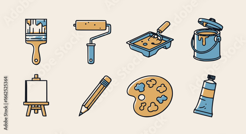 Creative Art Supplies Vector Pack: Essential tools for painting, drawing & artistic expression. Colorful icons for hobbyists, designers & education.