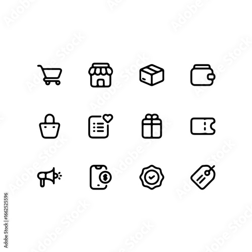 Essential e-commerce icons for online store, modern shopping cart and retail symbols, scalable vector graphics
