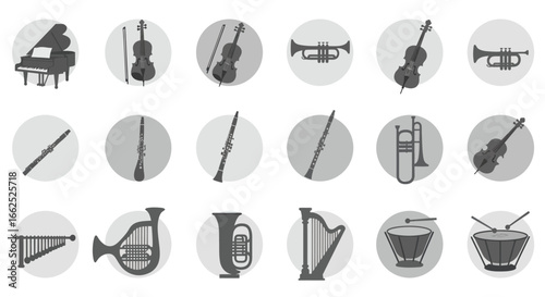 A collection of grayscale icons featuring various classical and orchestral musical instruments in a flat, stylized silhouette design.