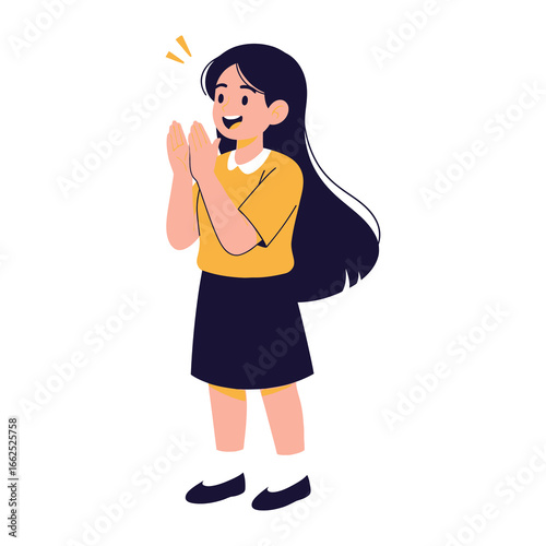 Joyful applause: A young, smiling girl claps her hands with pure glee and excitement, expressing support or celebration with childlike enthusiasm. 