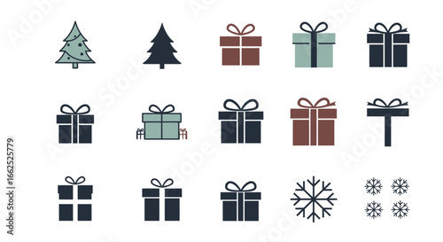 A minimalist set of Christmas holiday icons featuring gift boxes, trees, and snowflakes in a flat, modern design style.