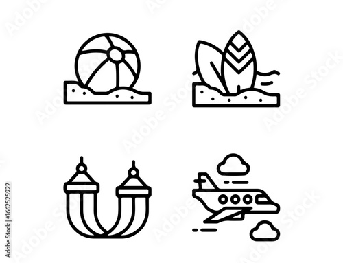 Summer vacation icons for travel, beach, and relaxation getaways in a modern minimalist style