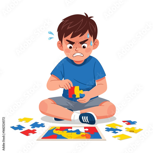 Frustration Puzzle: A child sits cross-legged, concentrating intensely as he attempts to solve a colorful jigsaw puzzle, sweat beading on his forehead and frustration evident in his expression. 