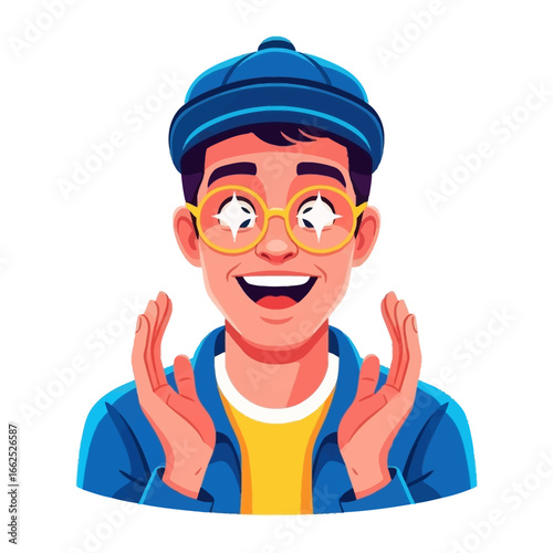 Starry-Eyed Wonder: A cartoon individual with gleaming eyes, radiating happiness and awe, stands animated with an expression of wonder and delight, capturing the excitement of pure joy.