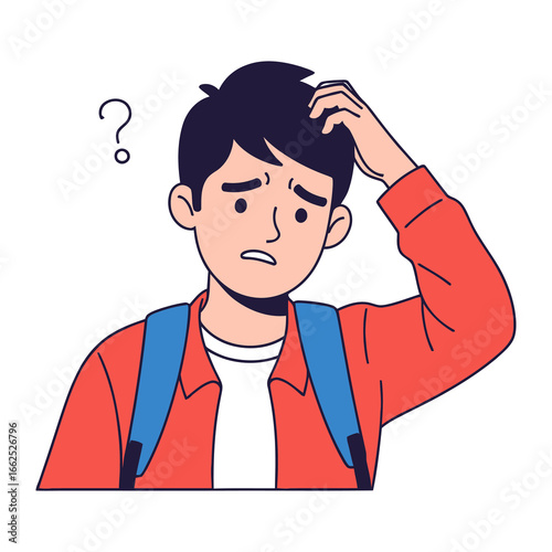 Navigating the Maze of Doubt: A young individual grapples with uncertainty, scratching his head in contemplation as a symbolic question mark hovers overhead, capturing the essence of confusion.