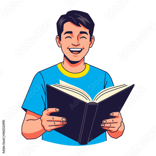 Joyful Reader: A young person smiles widely while absorbed in reading a book, highlighting the joy of stories.