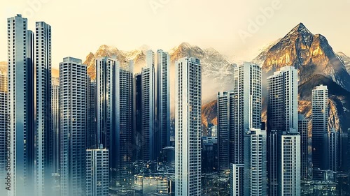Wallpaper Mural Majestic mountain backdrop with modern skyscrapers in a vibrant cityscape at sunrise, showcasing urban life Torontodigital.ca
