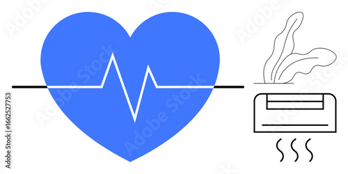 Blue heart with heartbeat line and air purifier emitting flowing air, denoting health, respiratory wellness, and indoor air quality. Ideal for health, wellness, technology, medical, fitness