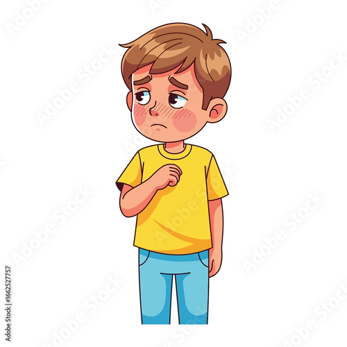 Disheartened Young Boy: An illustrated boy, exuding a look of dejection. He wears a yellow shirt and blue jeans, conveying a moment of introspection and sadness. 
