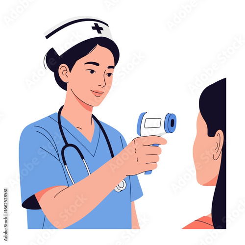Caring Touch: A compassionate nurse, embodies expertise, gently checks the patient's temperature with a digital infrared thermometer.
