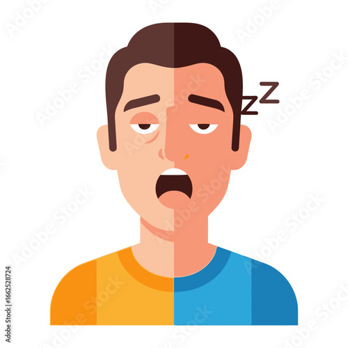 Half-faced: a man with yellow and blue half-face of tired state in a studio illustration.