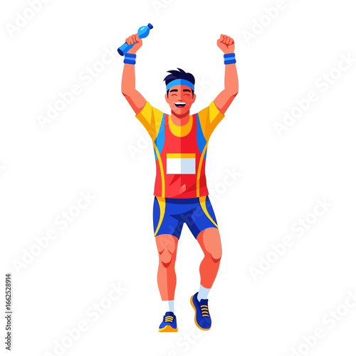 Marathon Runner's Victory: A triumphant marathon runner celebrates his victory, arms raised, holding a water bottle, full of energy after crossing the finish line.