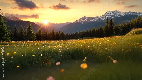 Serene sunset over a vibrant meadow with blooming flowers and majestic mountains in the background