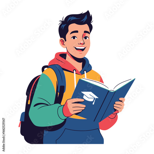 Eager Student: A youthful and enthusiastic student, smiling warmly and holding a book, ready to read and learn, a beacon of potential.