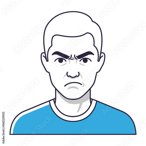 Expression of Frustration: A close-up illustration of a man with a grim expression, his eyebrows furrowed in a look of frustration or anger.