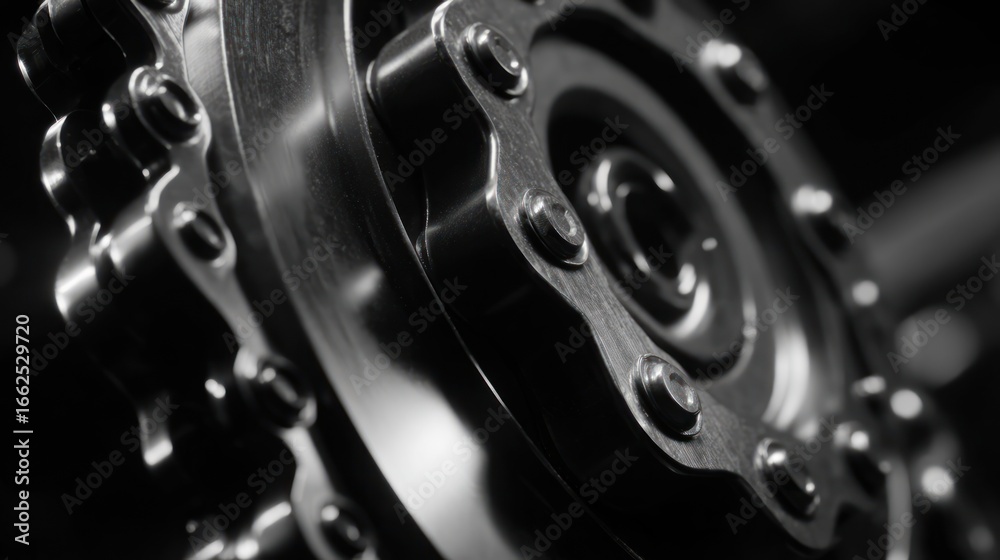 Fototapeta premium Mechanical gears and chain, intricate system, industrial, high contrast, black/white