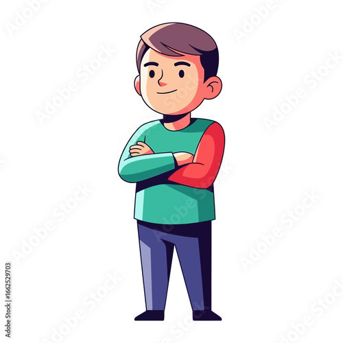 Confident Young Person: A simple illustration of a young person exudes confidence, with folded arms and a friendly expression, set against a clean backdrop.