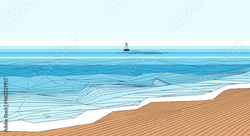 A serene coastal vista with a distant sailing vessel on a clear blue day