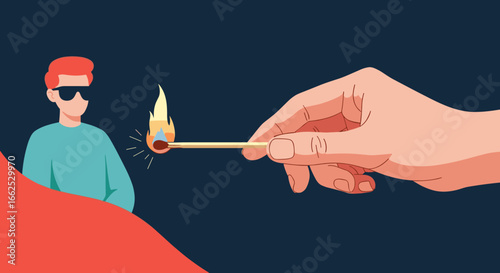 Man wearing sunglasses watches as a hand holds a lit match near his face symbolizing danger risk or potential trouble