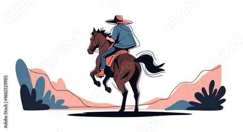 A lone cowboy rides through a rugged desert landscape under a bright sky