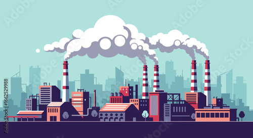 Smokestacks emitting thick clouds of pollution above a stylized industrial cityscape on a clear day