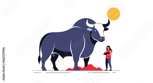 Enormous dark bull standing proudly under a bright yellow sun next to a small woman holding a plate