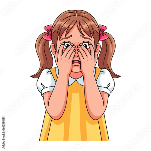 Child's Shy Moment: A young girl, her expression tinged with apprehension and fear, covers her eyes.