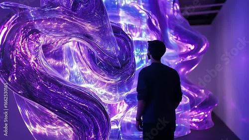 Wallpaper Mural Man observing mesmerizing light installation in modern art gallery with vibrant colors and reflections Torontodigital.ca