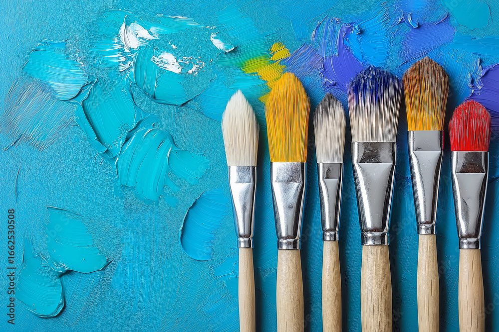 Fototapeta premium Artist brushes on colorful paint background, studio artwork.