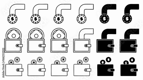 Illustration of wallets with coins in various states of fullness and black and white color schemes silhouette