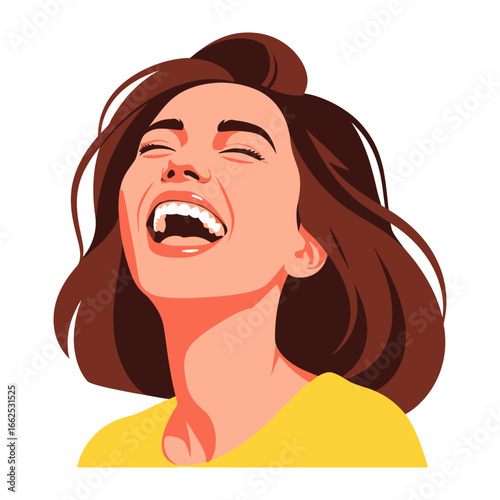 Joyful Laughter Illustration: An illustration captures the pure essence of unbridled happiness. A woman with radiant eyes, head tilted back in joyful laughter, teeth gleaming with unadulterated glee.