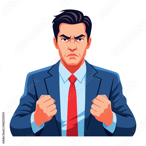 Fury Unleashed: A commanding illustration captures the essence of intense anger and determination as a businessman, with clenched fists and a steely gaze.