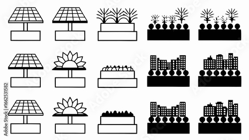 Illustration showcasing sustainable urban development with solar panels and green roofs icons silhouette