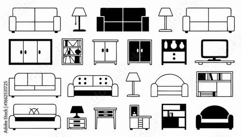 Illustration of various furniture items including sofas lamps cabinets and shelving units in black and white silhouette