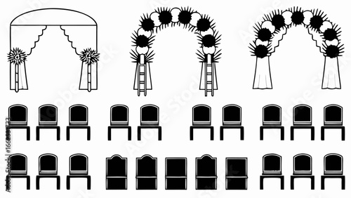 Three wedding arches and rows of chairs are displayed in a black and white vector illustration style silhouette