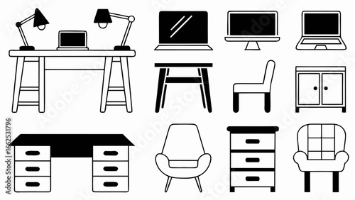 Illustration of office furniture including desks chairs lamps laptops and cabinets in black and white style silhouette
