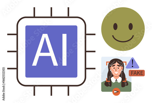 Microchip labeled AI, green smiling face, and fake image detection with alert. Ideal for AI, technology, deepfake detection, ethics, security digital tools innovation. Simple flat metaphor