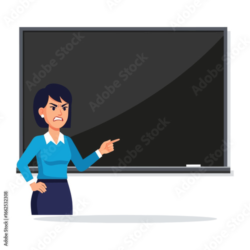 Teacher's Fury: A frustrated instructor points accusingly at the chalkboard, with an expression of anger, potentially reprimanding or correcting, capturing a moment of intensity