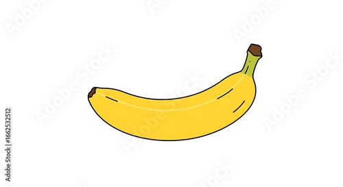 A simple and clean illustration of a single ripe yellow banana with a bold outline, isolated on a white background. This icon represents healthy food, natural snacks, and tropical fruit