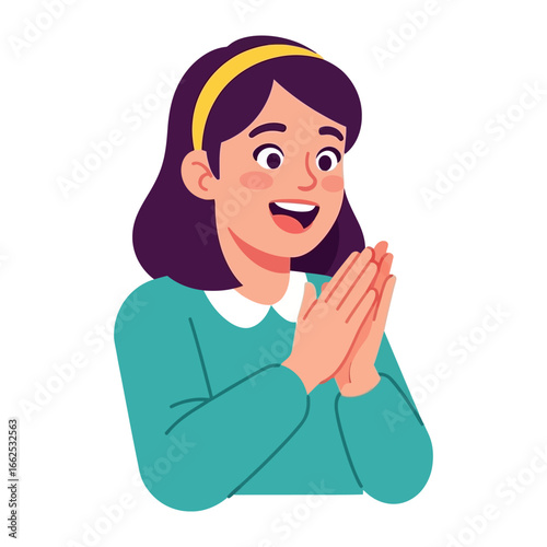 Joyful Expression: A cheerful person with a radiant smile, clutching her hands, exudes pure bliss. She embodies excitement and contentment.