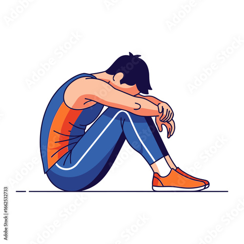 Solitary Athlete's Despair: The poignant illustration portrays an athlete consumed by dejection, head bowed low in a moment of profound sadness. 