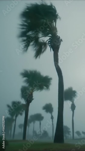 Severe Storm with Palm Trees Bending in Wind. Tropical Storm Scene with Heavy Rain and Mist. Palm Trees in Gale Force Winds and Spray.